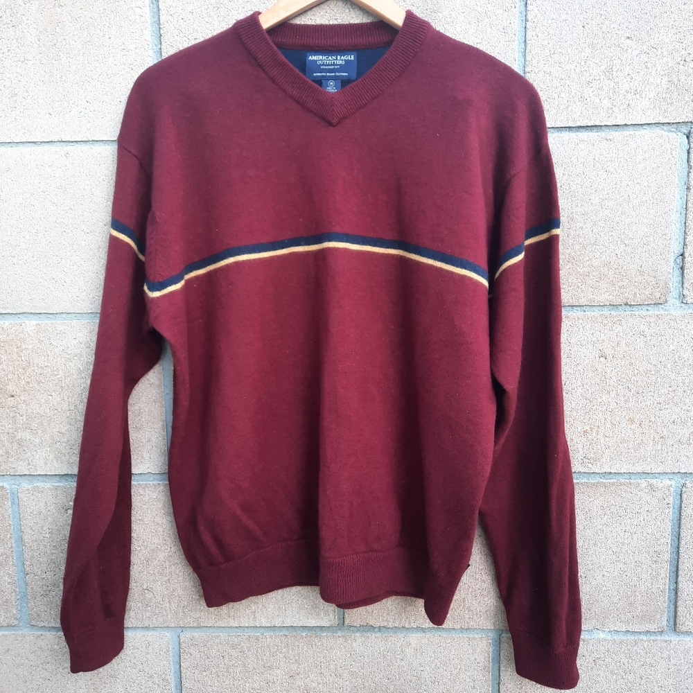 American Eagle Outfitters Long Sleeve V Neck Sweater Size M Burgundy Lambswool
